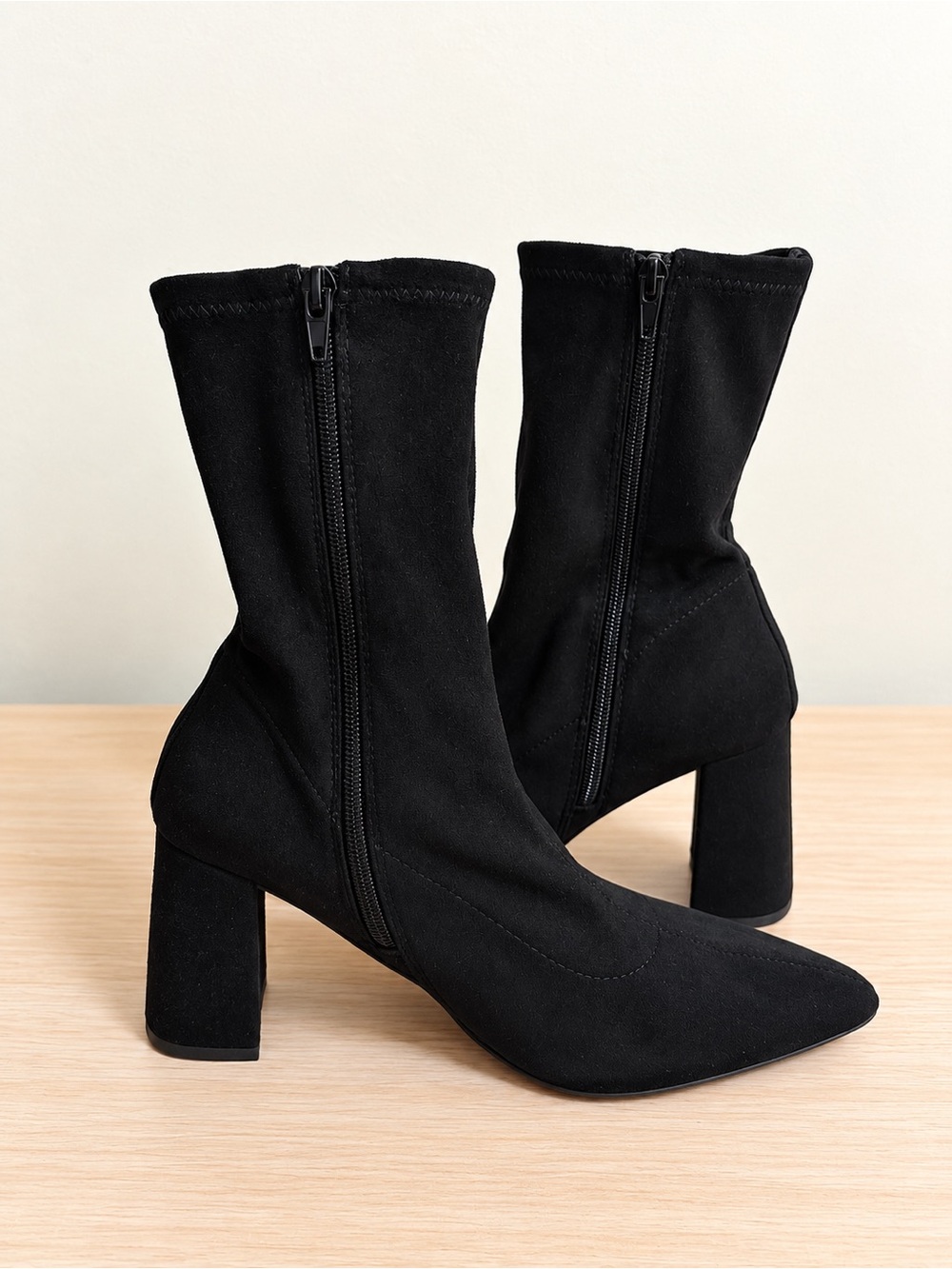 Express Black Stretch Suede Mid-Calf Block Heel Boots